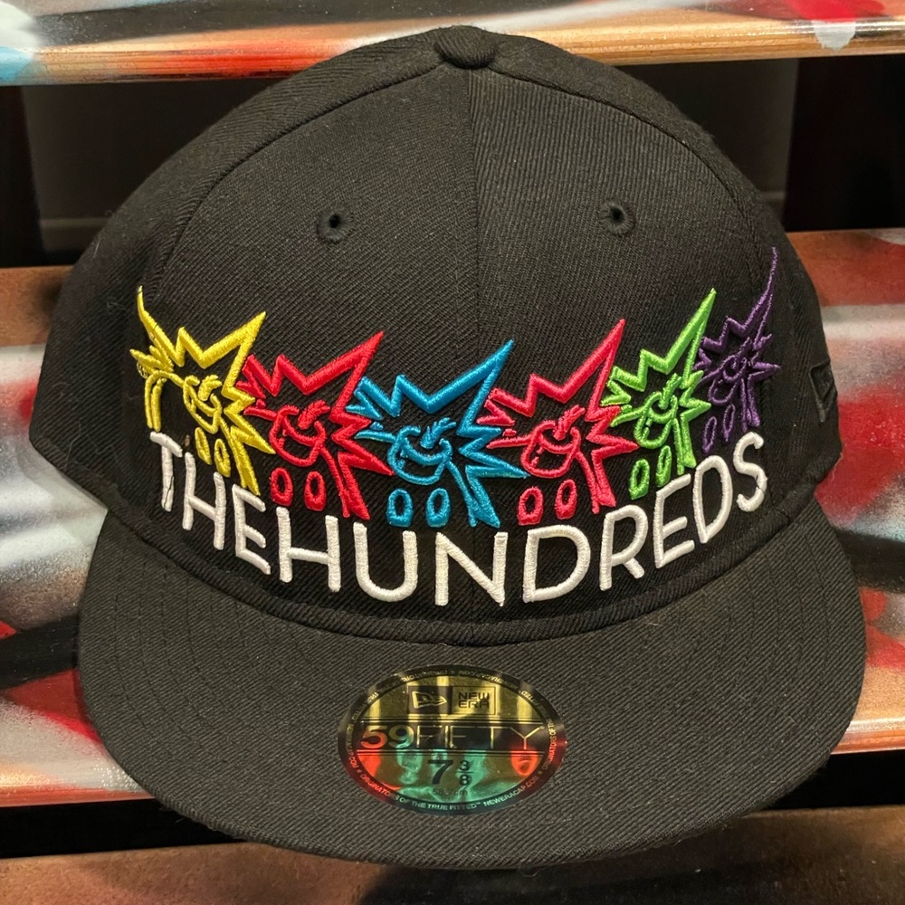 The Hundreds Black 7 3/8 Fitted New Era Hat, Multi Color Bomb Embroidery, Atom
